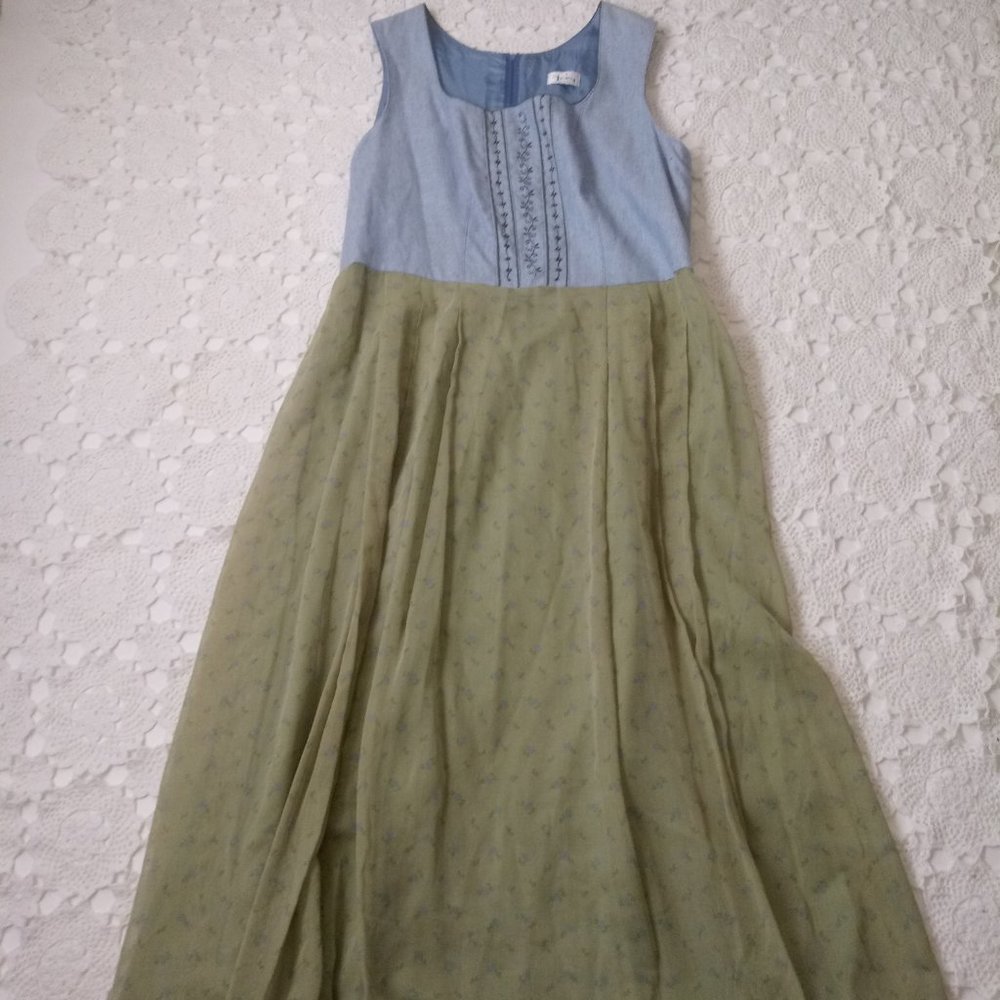 Perry Landhaus Maxi Dress Green Blue Floral Linen Fit Flare Medium Large  Women